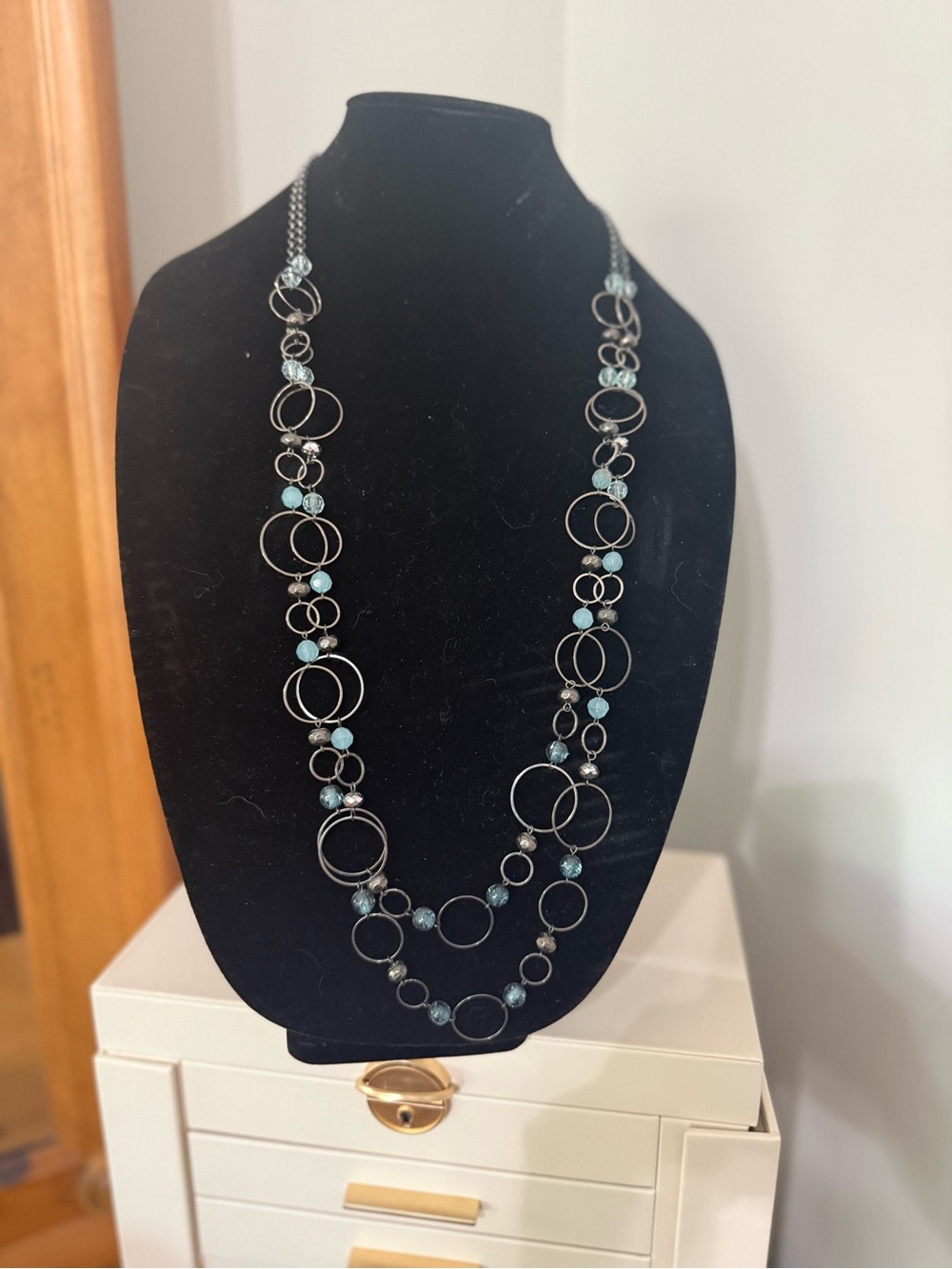 New York and co. Long Silver Circle Necklace with Blue bead Accents adjustable